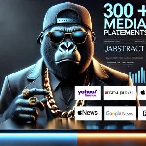 Alt text: "A stylish gorilla in sunglasses and a cap, dressed in a suit, sits at a desk representing our Lakeland and Winter Haven-based marketing company's success. Showcasing '300+ Media Placements' from our Press Release Distribution services, with logos of Yahoo! Finance, Digital Journal, Apple News, Google News, and Fox40 displayed prominently. Boost your business with our expert SEO, website design, PPC services, and workflow automation tailored for Florida businesses.