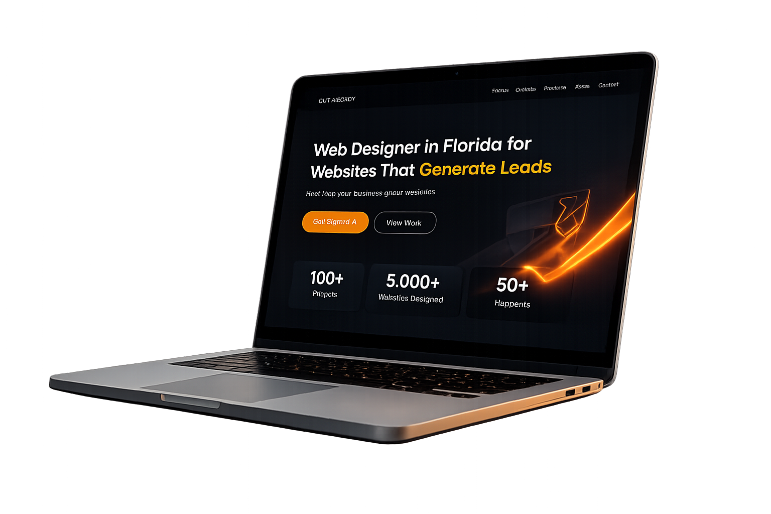 Laptop showing a web design agency homepage with AI tools, digital marketing services, stats, and a dark-themed navigation menu.