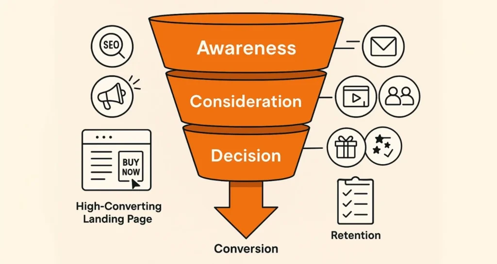 Digital marketing funnel showing Awareness to Conversion stages with icons for SEO, email, web design, and AI automation.