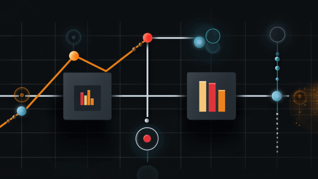 Yellow line graph, bar chart icons, and abstract data visuals on a dark grid background for web design and SEO.