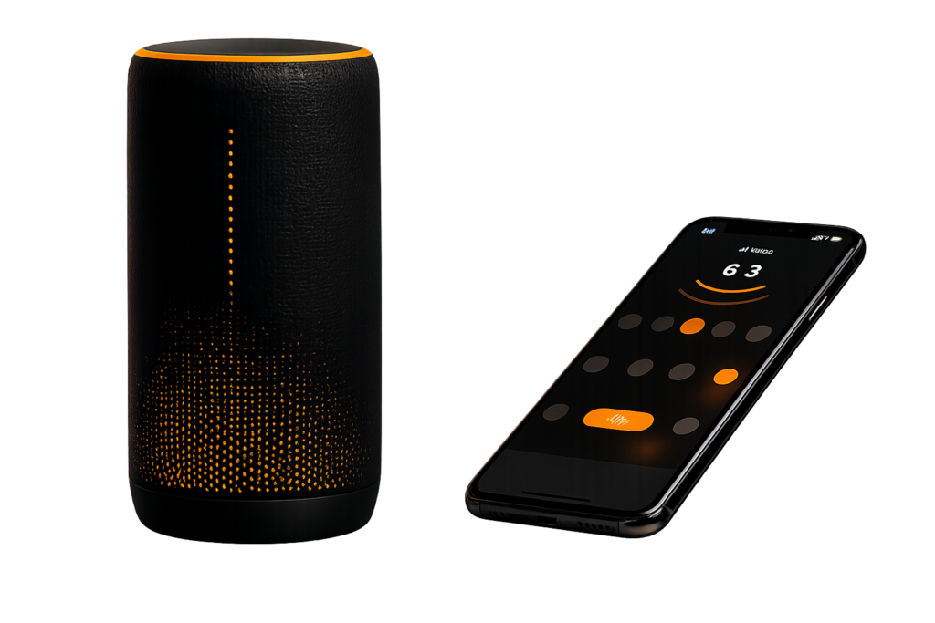 Black smart speaker with orange LEDs beside a smartphone app, representing smart website and SEO integration.