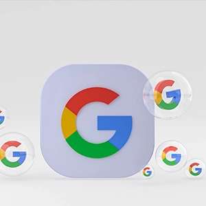 Google-style icon in a rounded square, ringed by small transparent spheres; fits web design and AI automation themes.