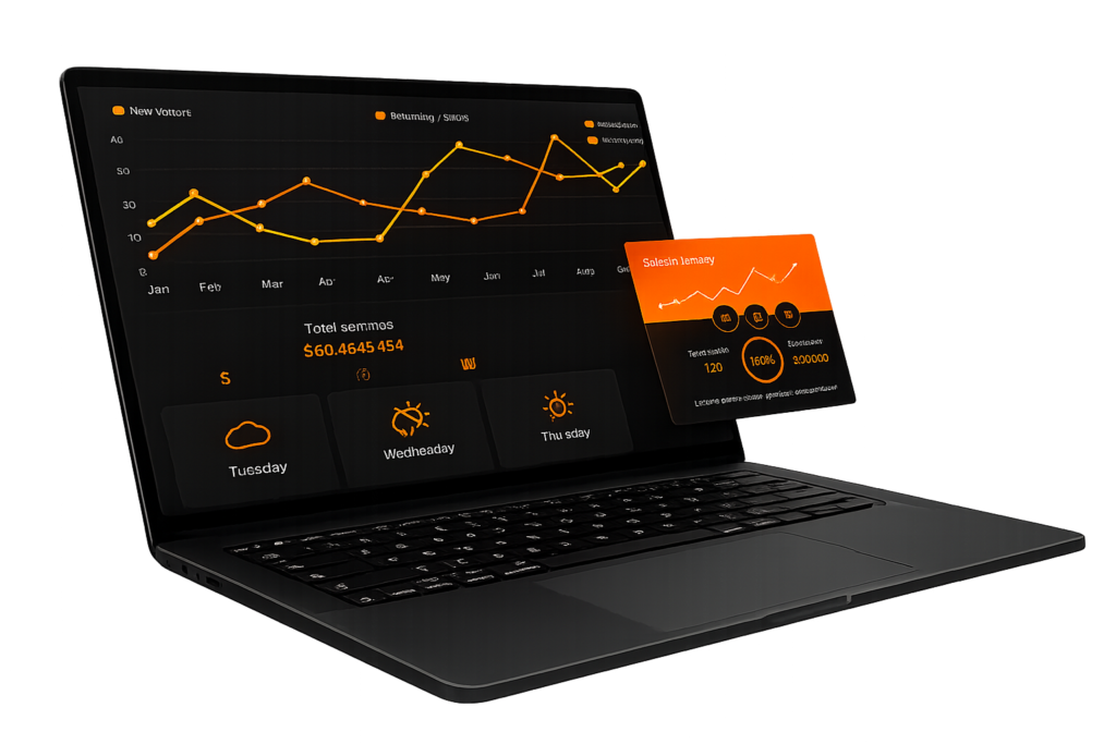 Black laptop displaying analytics graphs, sales data, and weather icons with orange and yellow accents for web design or SEO use.