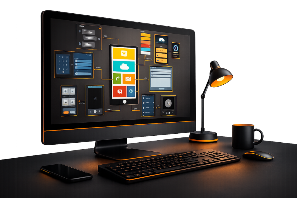 Desktop monitor shows a digital marketing UI; keyboard, mouse, lamp, mug, and smartphone are neatly set on a dark desk.