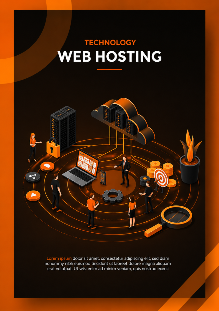 Isometric illustration of people, servers, and tech icons linked by orange lines for web development and SEO on a dark background.