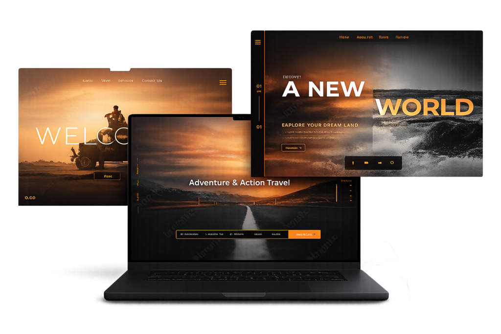Laptop shows an adventure travel site in orange and black, with two screens highlighting web development and SEO-friendly design.
