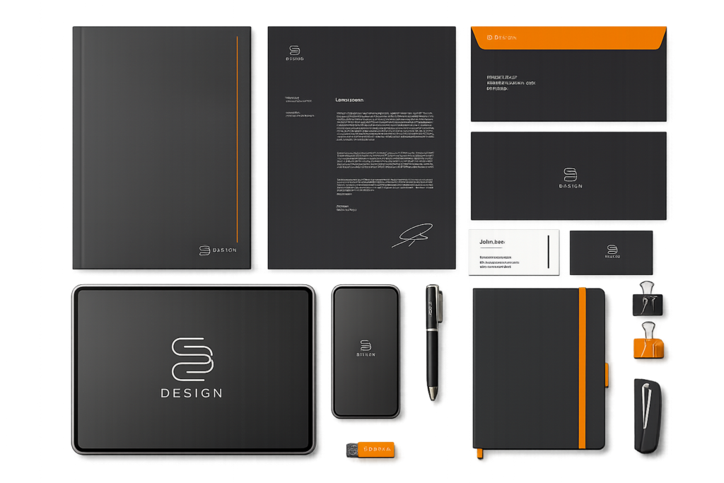 Black and orange stationery set with letterhead, business cards, and devices, ideal for web design or digital marketing agencies.