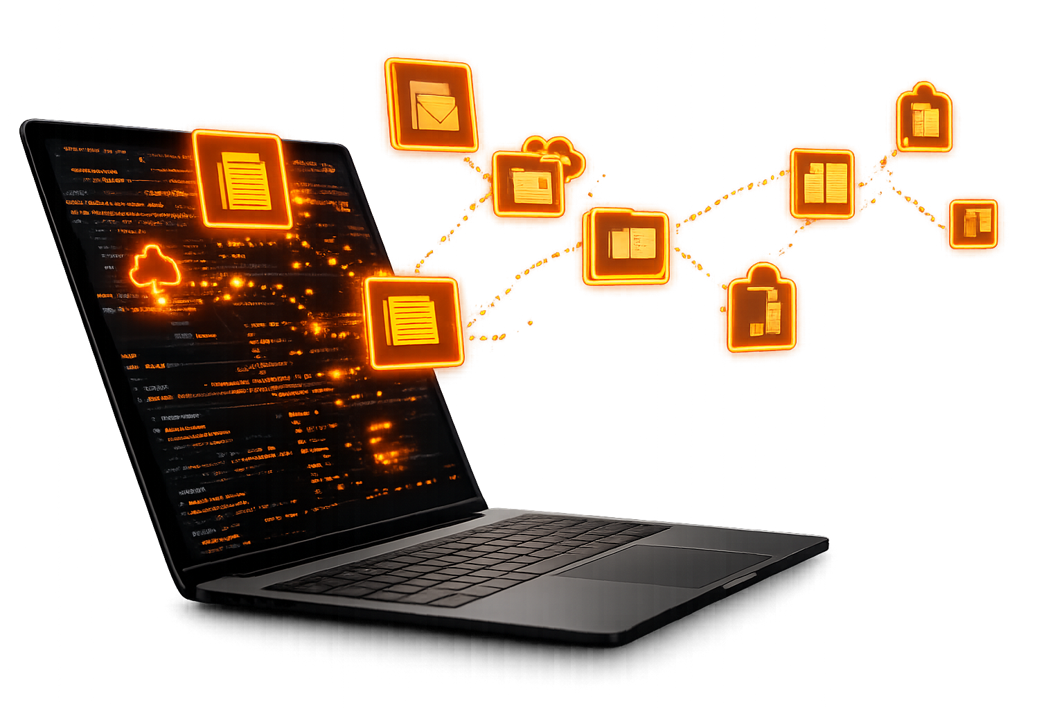 Laptop showing code and glowing orange file icons, symbolizing AI-powered web development and digital data transfer.