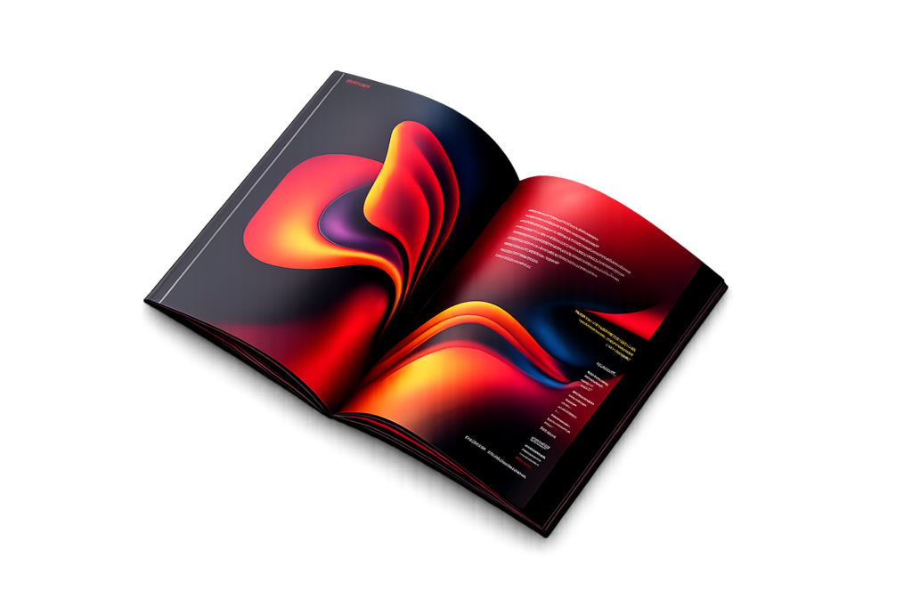 Open magazine with abstract, colorful digital art and white text on red, featuring web design and digital marketing themes.