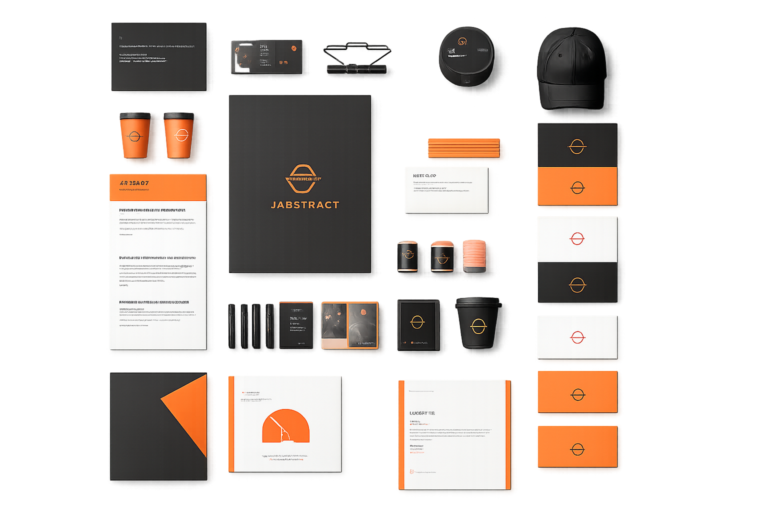 Branded office items in black and orange—stationery, cups, cards, pens, and cap—suited for web design or SEO teams.