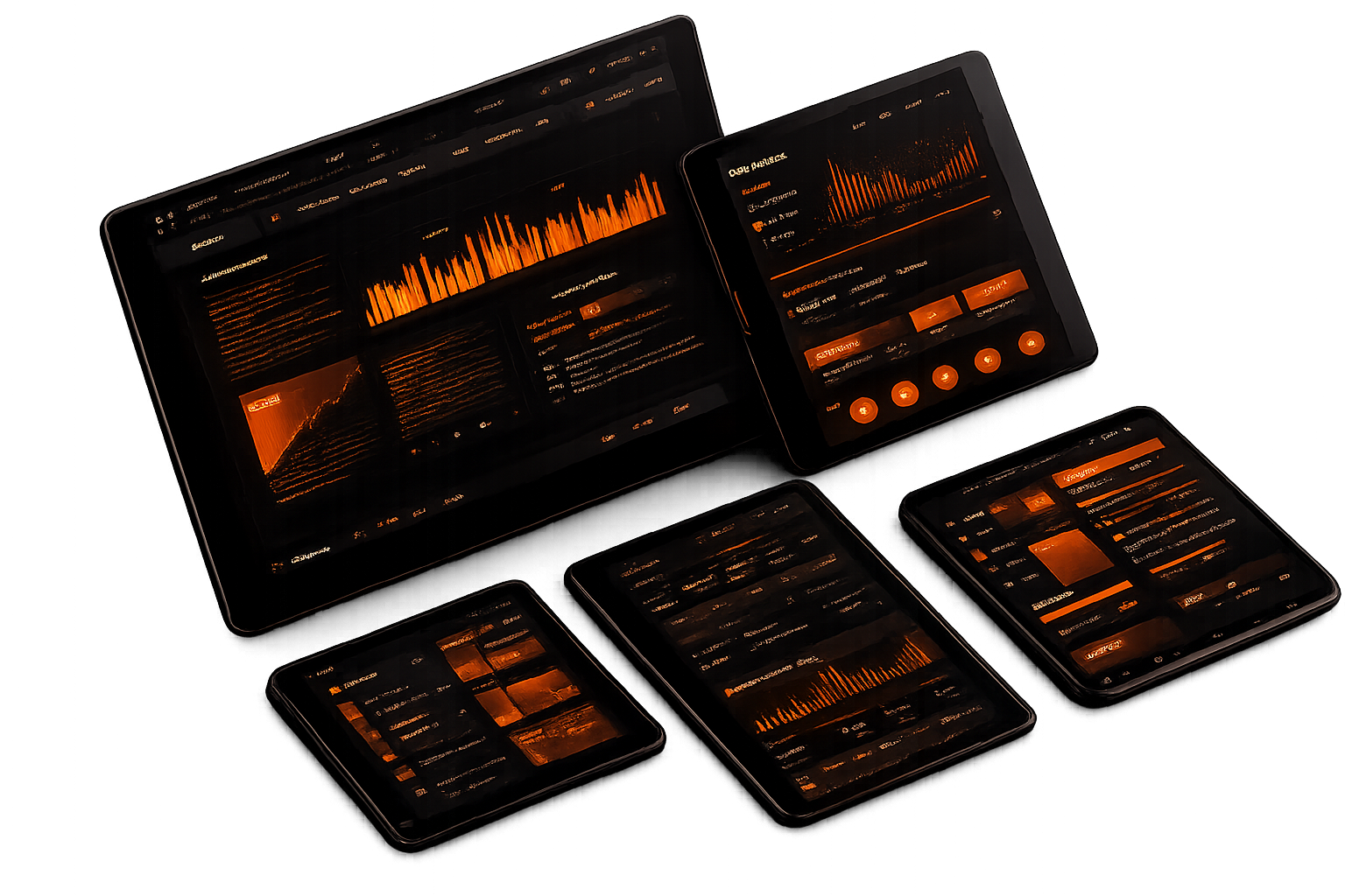 Five tablets show dark-themed dashboards with orange accents, ideal for web design or AI automation tool displays.