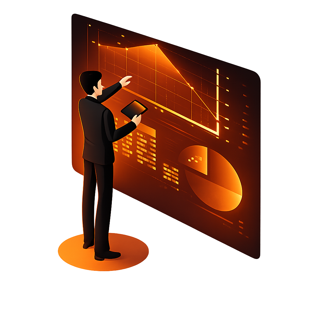 Business professional uses tablet and interacts with digital screen showing orange website analytics charts and data visualizations.