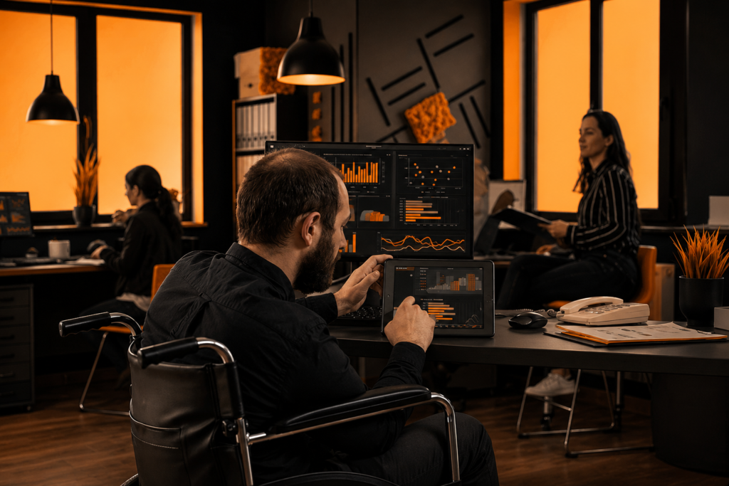 Web designer in a wheelchair reviews data on dual monitors as two women collaborate on site development in a modern, orange-lit office.