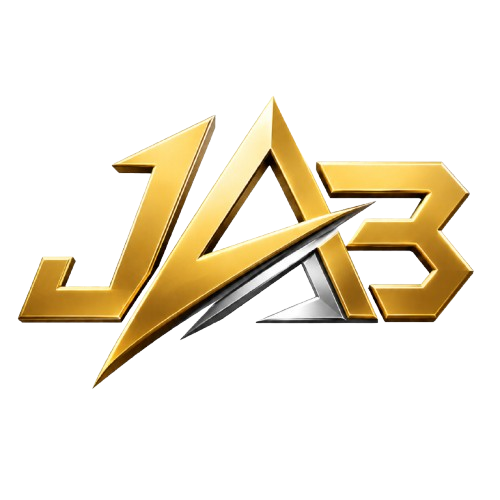 Gold and silver "JAB" letters in a sharp, modern style on white, suggesting innovative web design and AI automation.