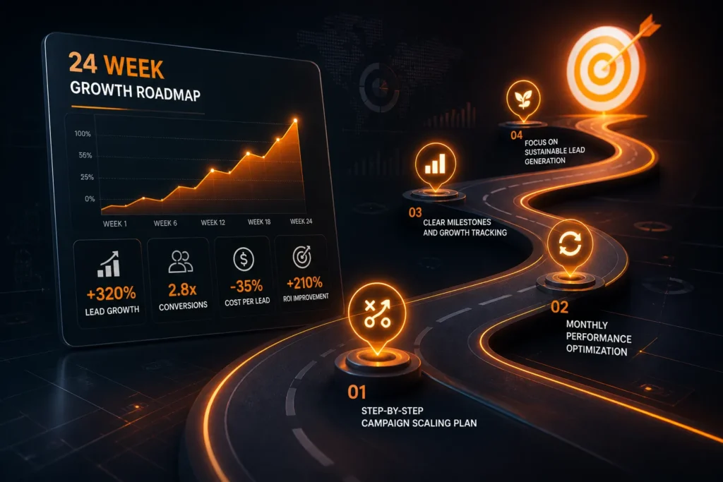 Dark infographic shows a 24-week SEO growth roadmap with rising graph, four steps, and icons for marketing, optimization, and leads.