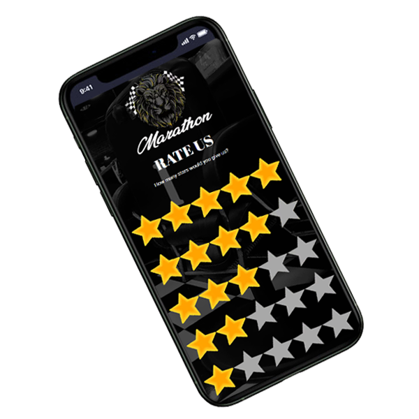 Smartphone screen showing a "Marathon" rating with yellow and gray stars, highlighting web design feedback features.