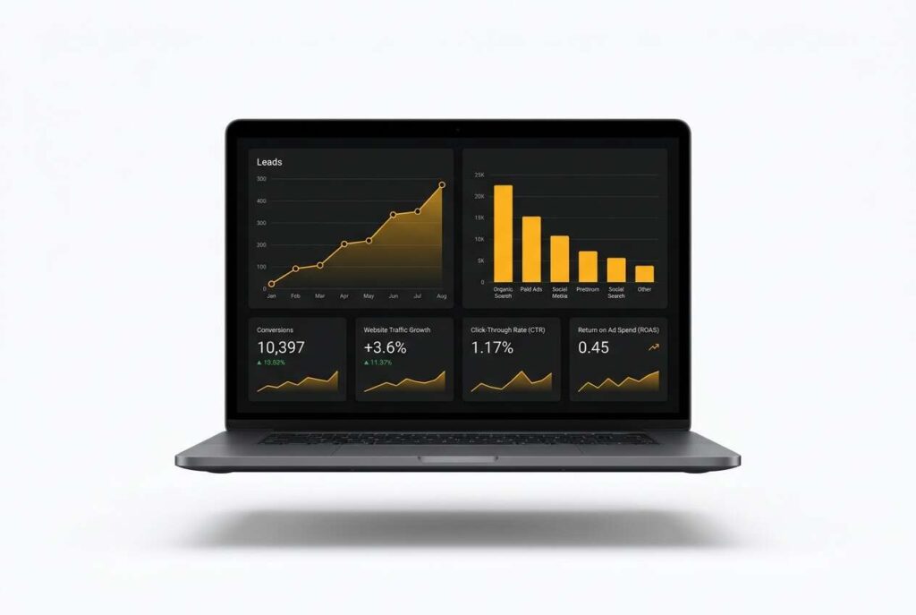 Laptop showing a JABstract marketing-results dashboard in charcoal and amber — rising Leads graph, conversions, and ROAS metrics.