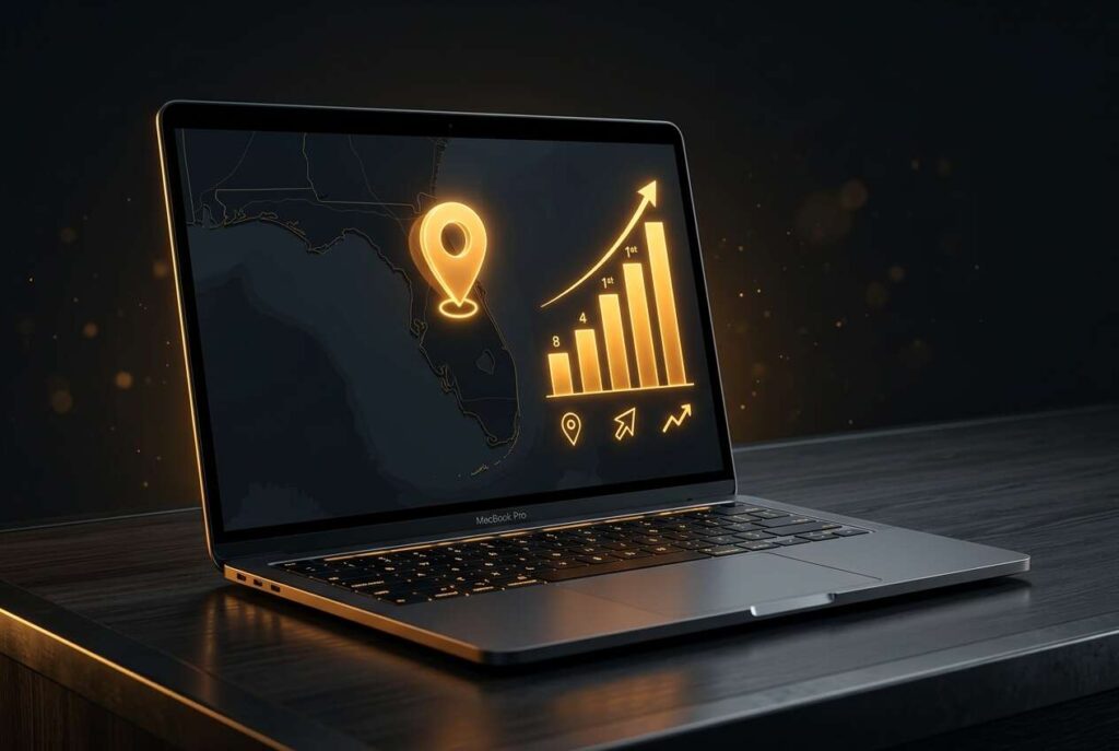 Laptop showing a Florida map with an amber location pin and a rising ranking chart, representing local SEO services