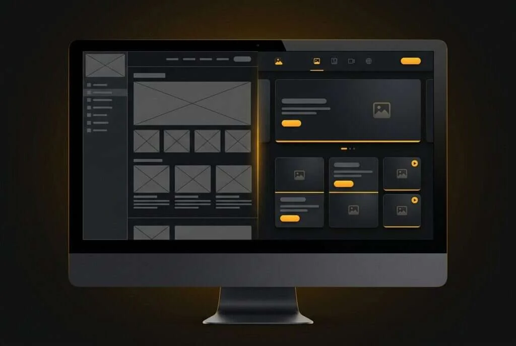 A monitor showing a website wireframe transforming into a polished amber-accented layout