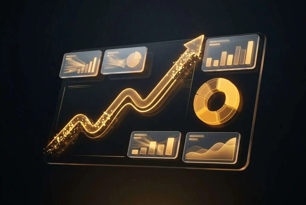A dark marketing dashboard with an amber upward trend line and donut chart