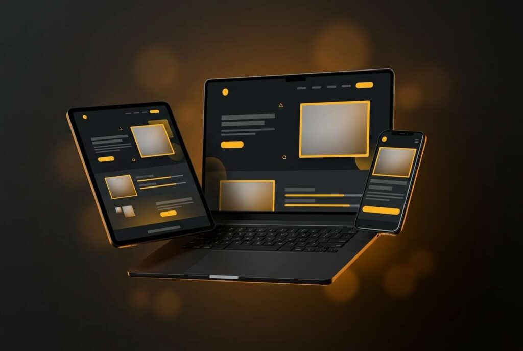 A laptop, tablet and phone showing amber-accented website designs on a dark background