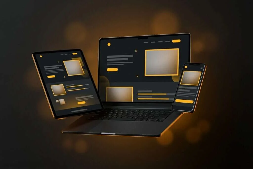 A laptop, tablet and phone showing amber-accented website designs on a dark background
