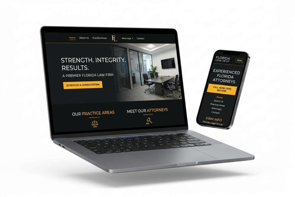 A laptop and smartphone showing a JABstract-built Florida professional-services website in charcoal black and amber with a Schedule a Consultation call to action.