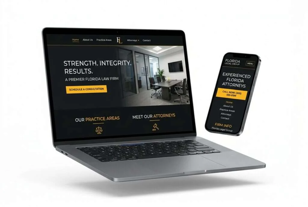 A laptop and smartphone showing a JABstract-built Florida professional-services website in charcoal black and amber with a Schedule a Consultation call to action.