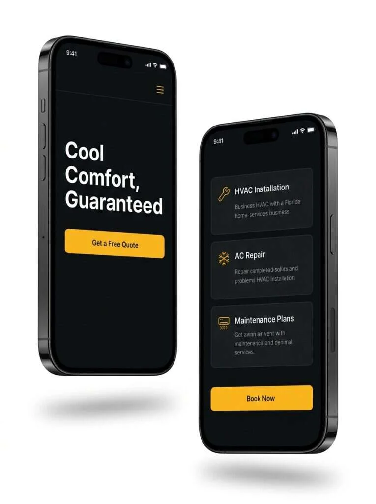 Two smartphones showing a JABstract-built Florida home-services website in charcoal black and amber, with Get a Free Quote and Book Now buttons.