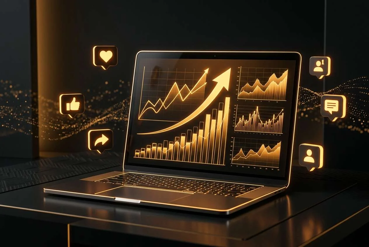 A laptop showing amber social media analytics charts and engagement icons