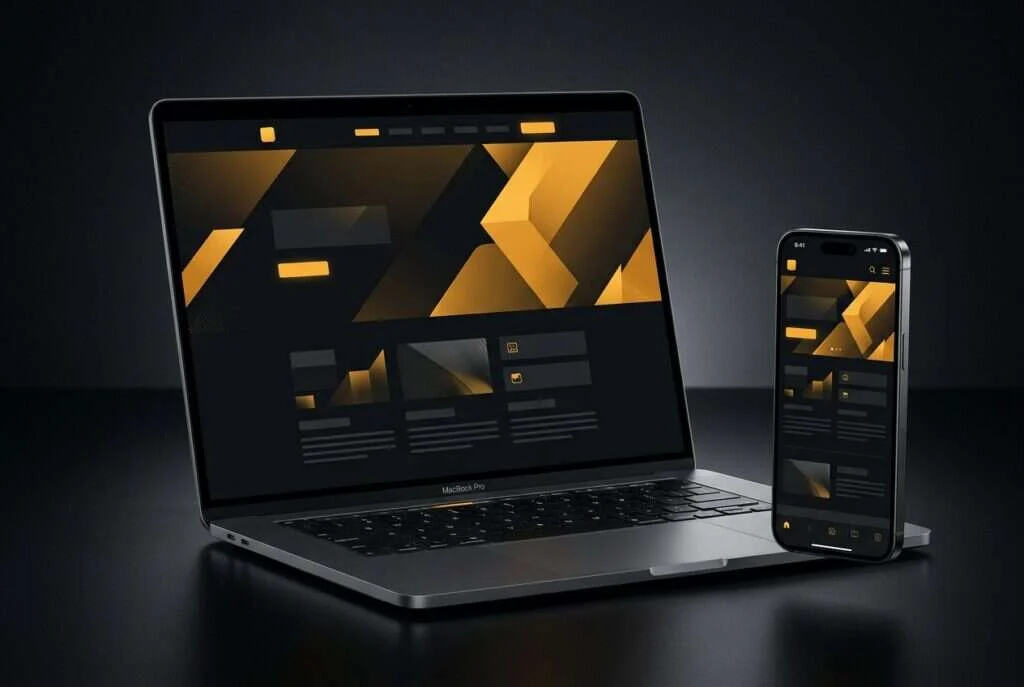A laptop and smartphone displaying a sleek dark website design with amber accents