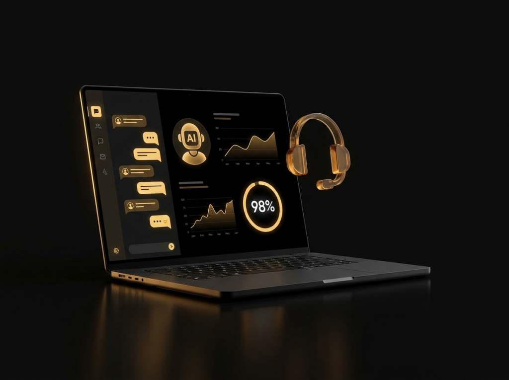 Laptop showing a dark customer support live chat dashboard with amber chat bubbles, AI assistant avatar, and satisfaction gauge.