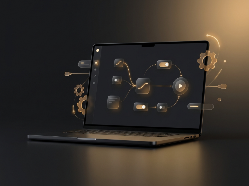 Laptop with a node-based workflow automation builder, glass nodes connected by glowing amber curves on a black background.