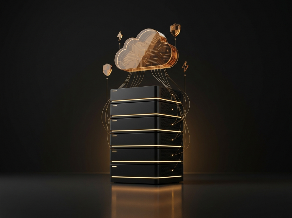 Black server tower with amber LED strips beneath a glowing glass cloud hologram with shield and lightning icons — website hosting.