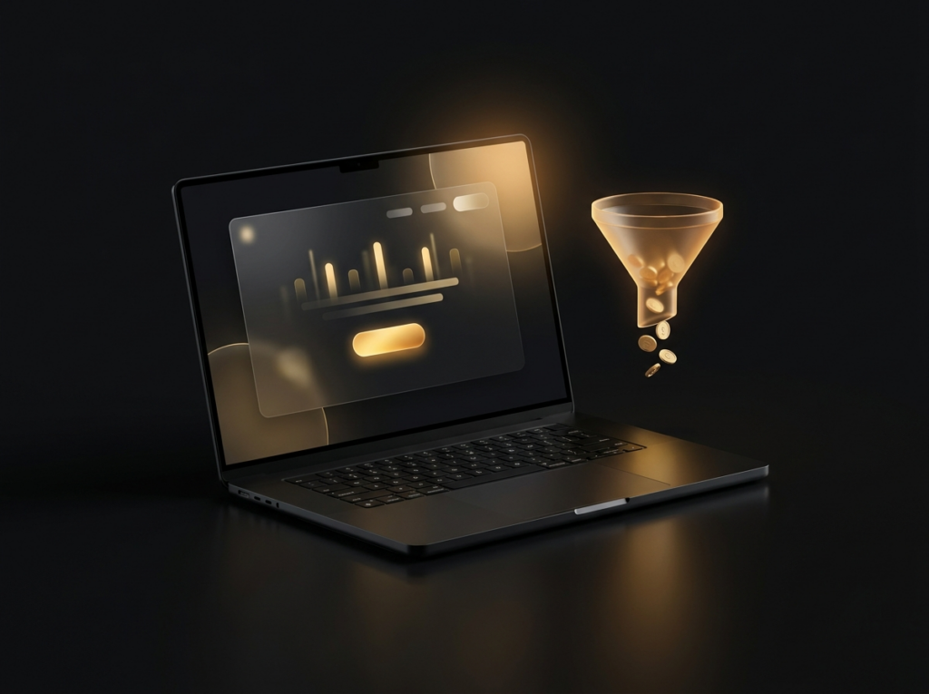 Laptop showing a dark landing page with a glowing amber call-to-action button and a conversion funnel hologram dropping golden coins.