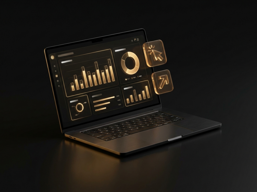 Laptop with a dark marketing analytics dashboard of amber line charts, bar graphs, and donut chart, with click and arrow icons.