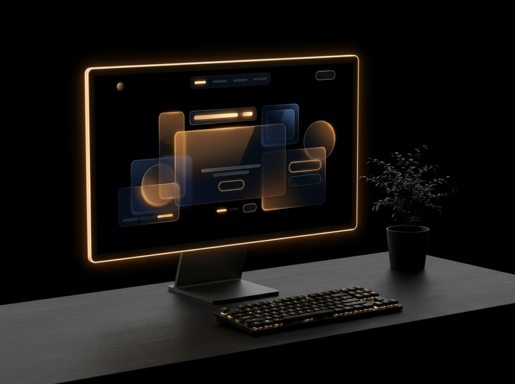 Desktop monitor glowing with a dark website layout of glass cards and amber buttons on a dark desk — modern web design studio.