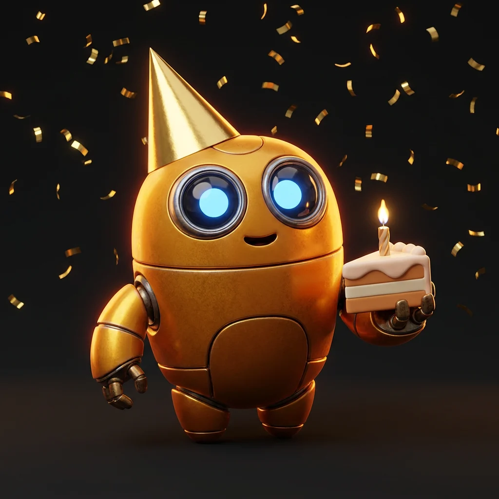Friendly amber-gold robot mascot wearing a gold party hat and holding birthday cake on a dark background