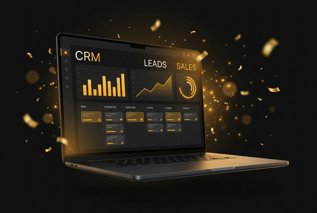 Laptop showing a custom CRM dashboard with amber charts and a sales pipeline on a dark background with gold confetti