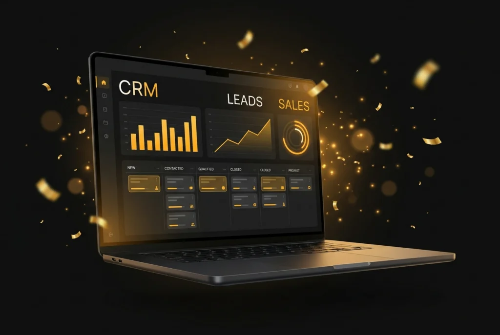 Laptop showing a custom CRM dashboard with amber charts and a sales pipeline on a dark background with gold confetti