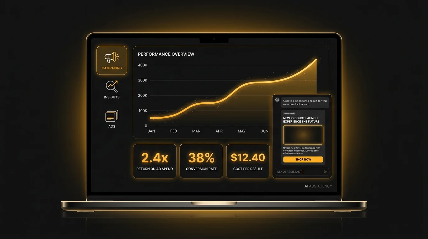ChatGPT ads manager dashboard with campaign insights and a sponsored result preview