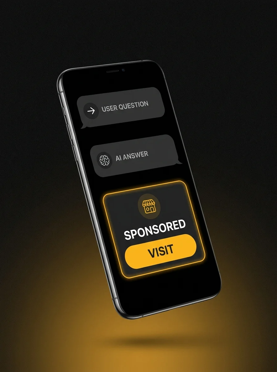 Smartphone showing a ChatGPT conversation with a sponsored ad recommendation card