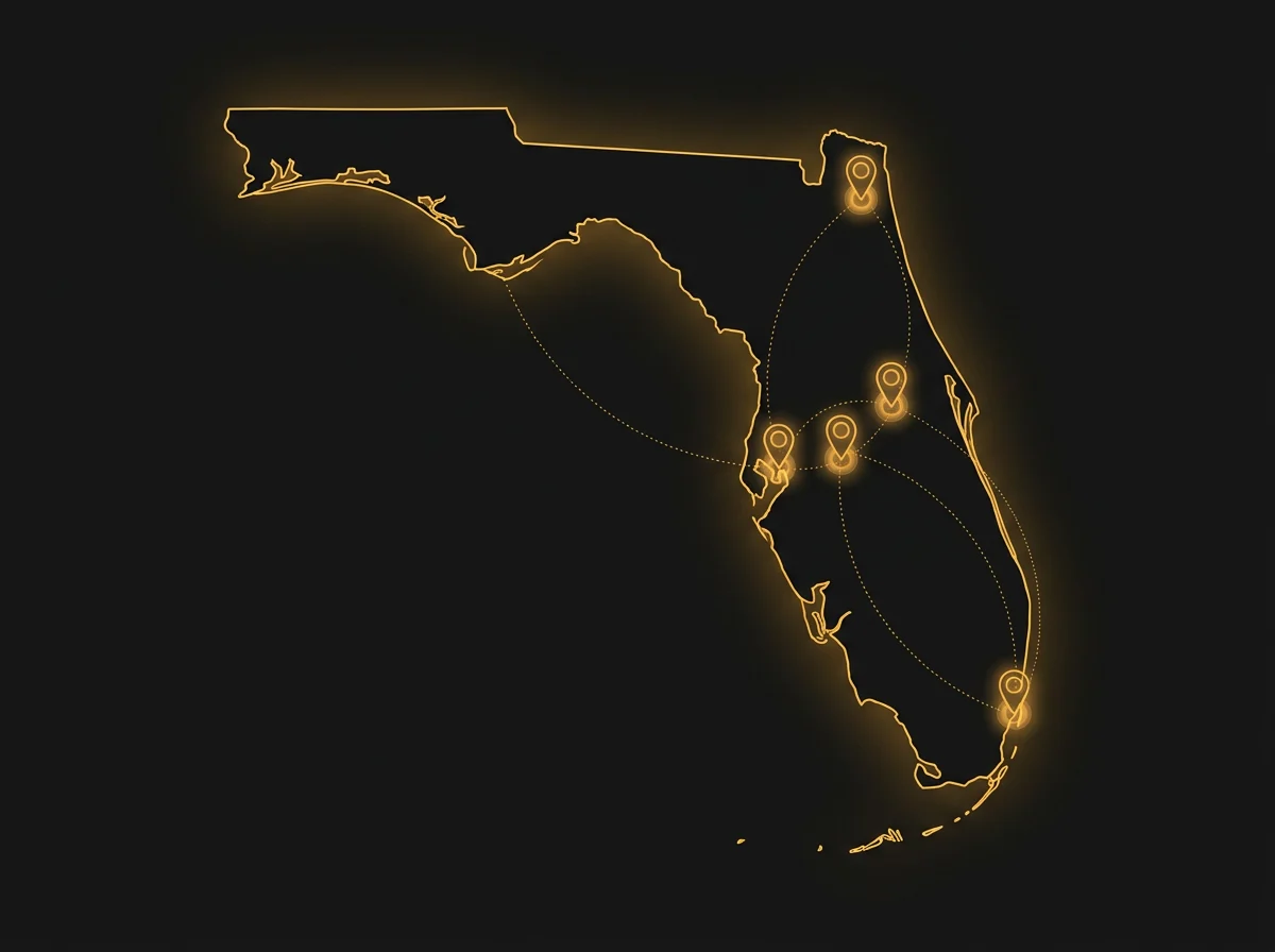 Florida map with location pins over Tampa, Orlando, Miami, Jacksonville, Lakeland and Winter Haven