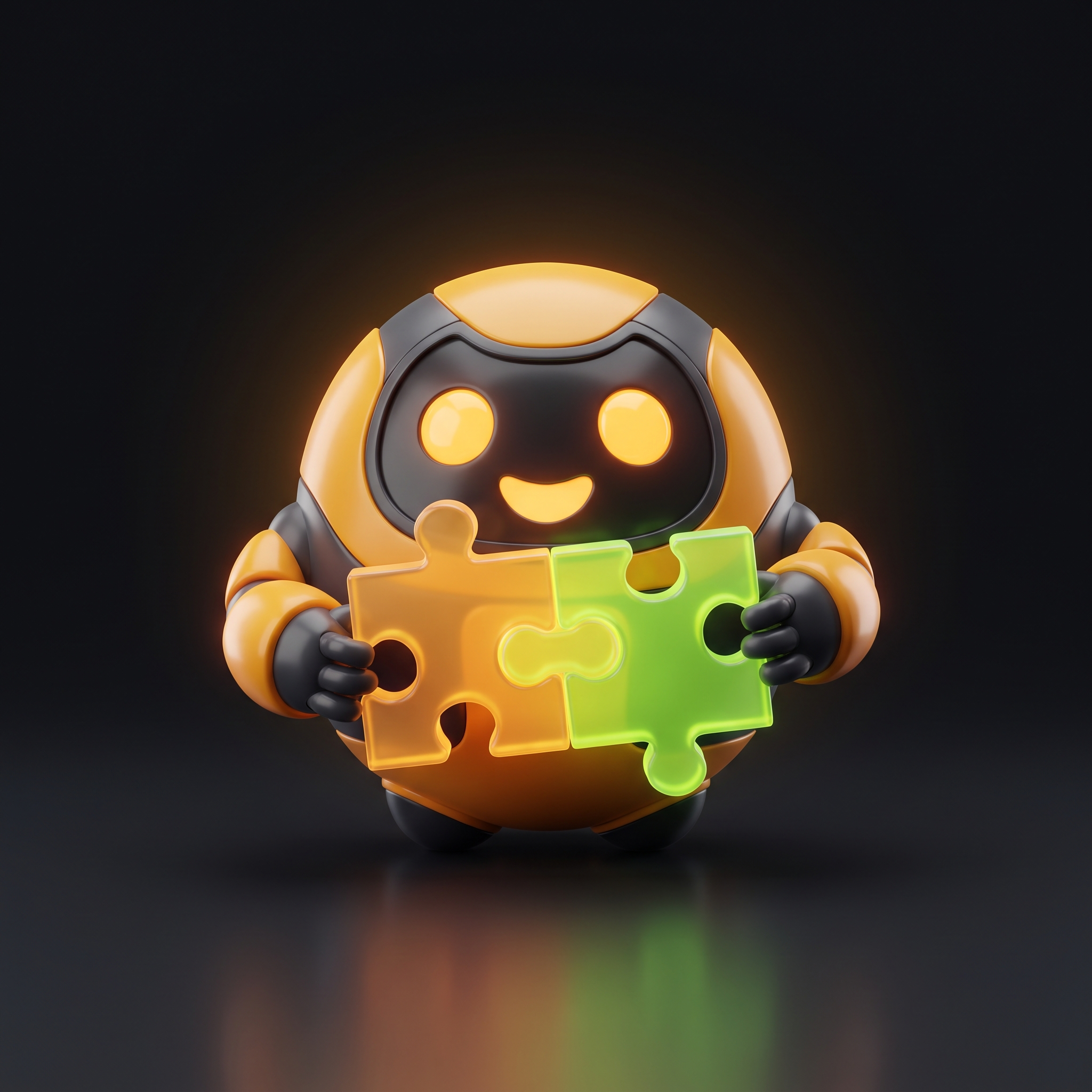 Friendly amber and charcoal robot mascot joining an amber puzzle piece with a lime green puzzle piece, symbolizing the JABstract partner network