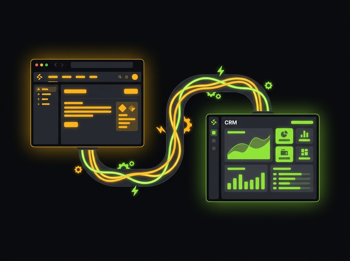 Illustration of a website window connected to a CRM dashboard by glowing amber and lime automation pipelines with gears