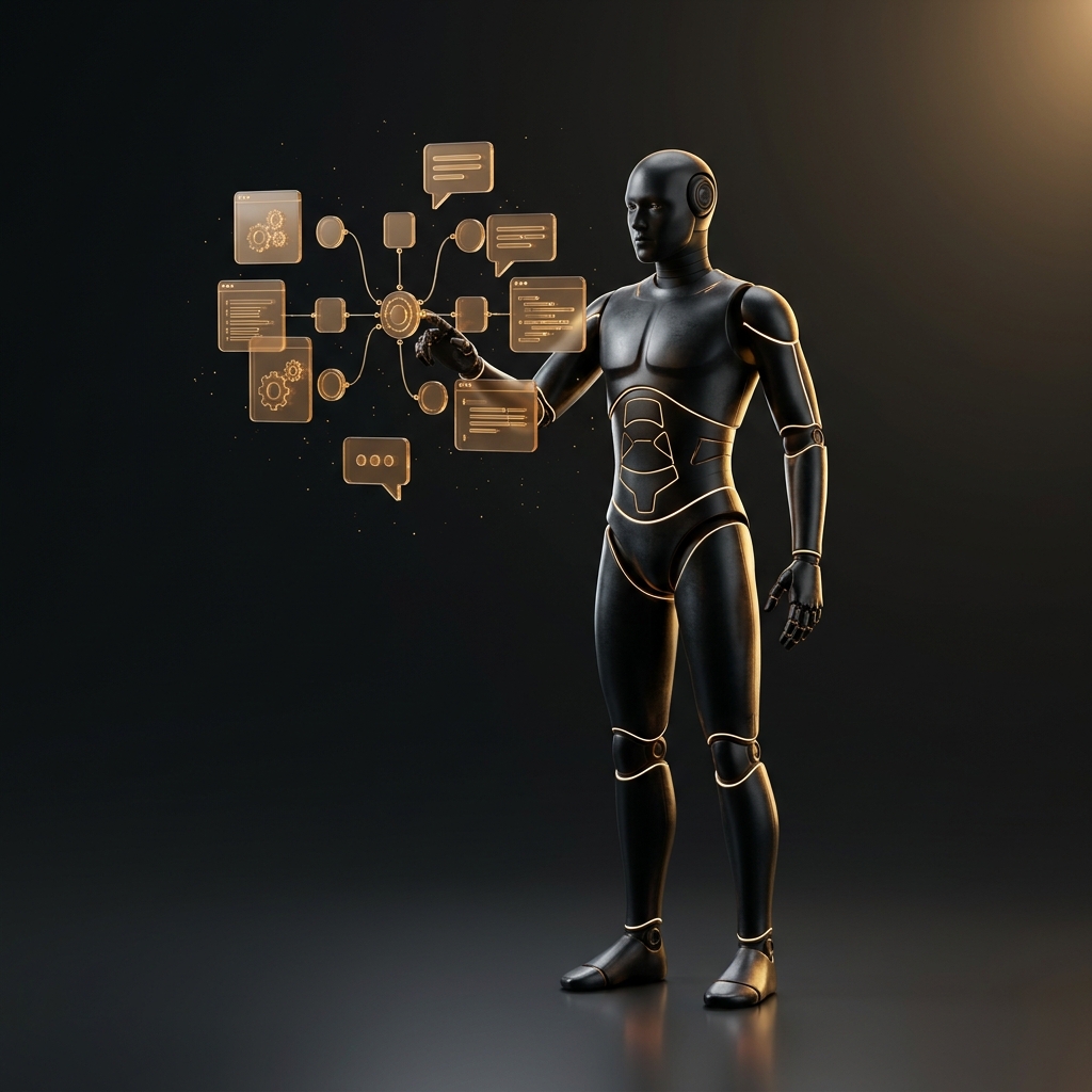 Matte black AI robot orchestrating glowing amber workflow automation panels for JABstract's AI automation agency services.