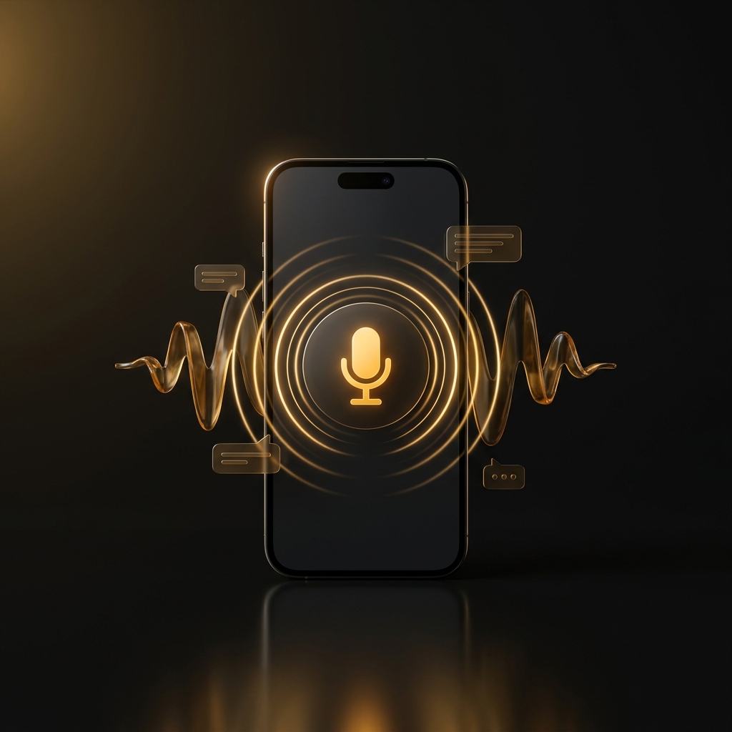 Smartphone with a glowing amber microphone icon and radiating golden voice waveform rings, representing JABstract's AI voice agents.