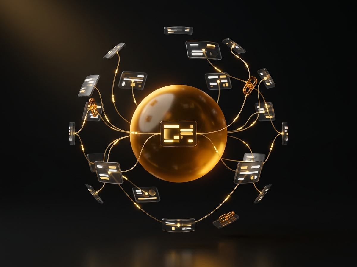 Golden globe receiving glowing backlink threads from a constellation of website panels - off-page SEO authority building.