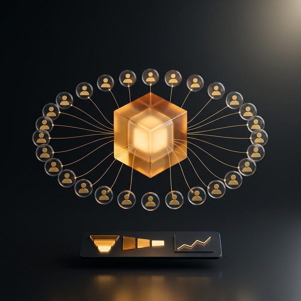 Glowing amber glass cube hub connected to a ring of customer avatars by golden threads above a sales pipeline panel - CRM concept.
