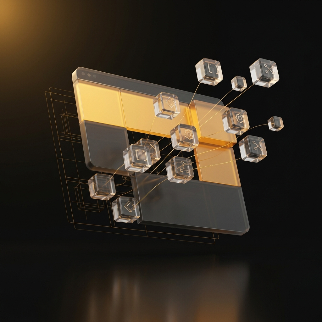 Modular glass code blocks assembling into a glowing amber application window over a blueprint grid - custom software concept.